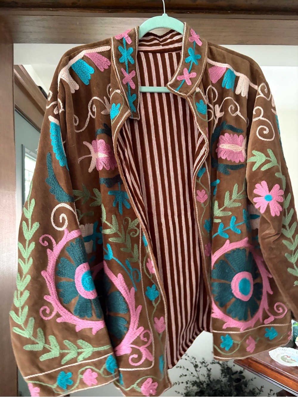 Embroidered Brown Suede Jacket with Pink & Teal Floral Details